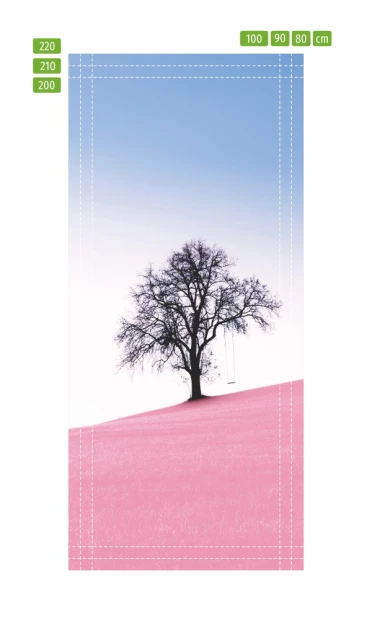 Tree door wallpaper FP 6207 - A graphic design featuring a black tree with bare branches on a pink background.