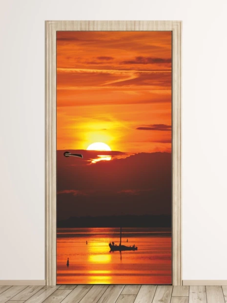 Door wallpaper yacht FP 6232 - Graphic design featuring a sunset over water with a yacht.