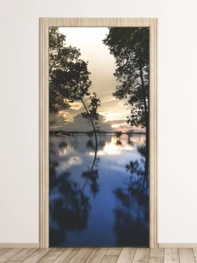 Lake door wallpaper FP 6228 - Modern interior design with light-colored walls and wooden flooring.