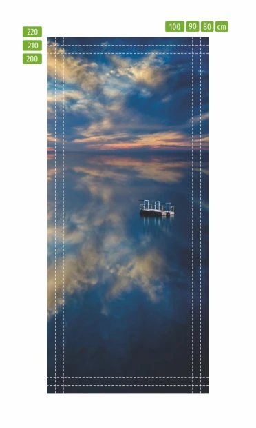 Lake door mural FP 6236 - Graphic design featuring a lake with cloud reflections and a boat on the water.
