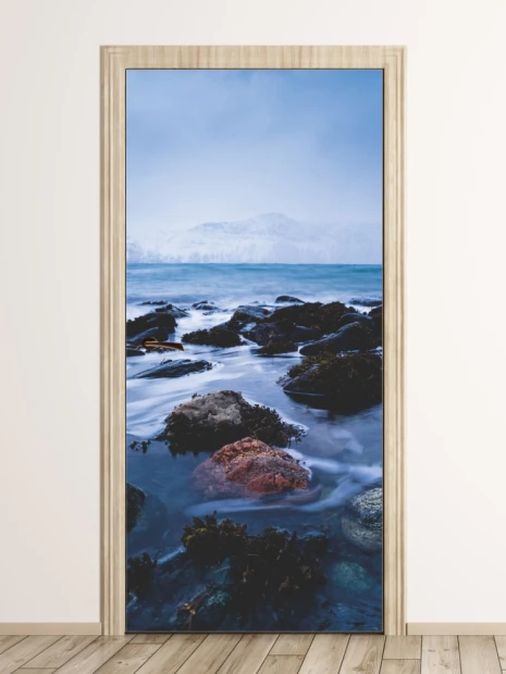 Mountain lake door mural FP 6237 - Graphic design featuring a lake surrounded by mountains and stones.