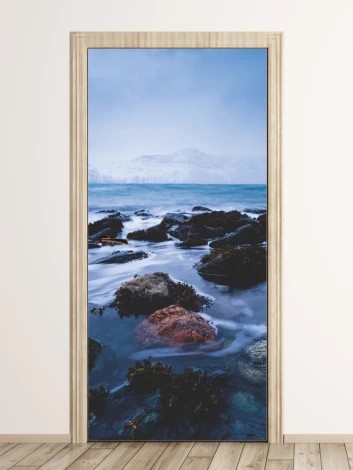 Mountain lake door mural FP 6237 - Graphic design featuring a lake surrounded by mountains and stones.