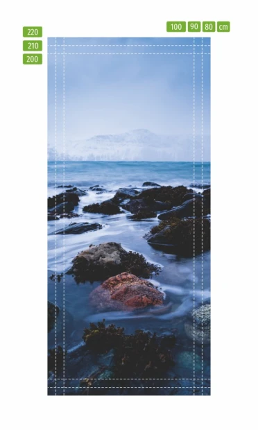 Mountain lake door mural FP 6237 - Graphic design featuring water with stones in the foreground, mountains and sky in the background.