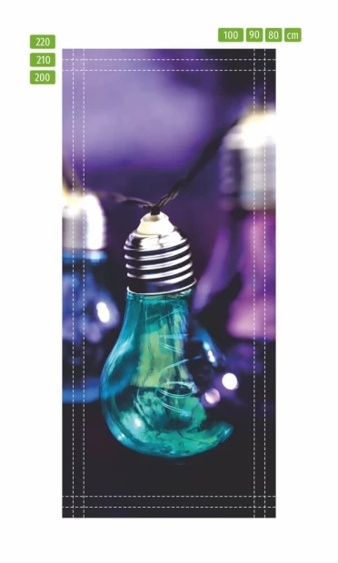 Colorful bulb door mural FP 6213 - Graphic design featuring various-shaped bulbs on a dark background.