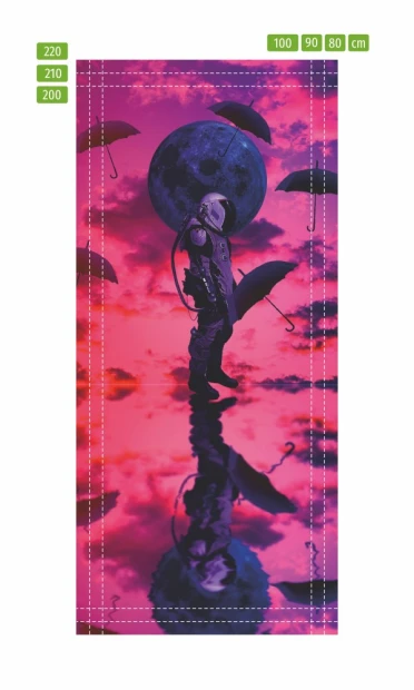 Cosmonaut door wallpaper FP 6205 - Graphic design featuring a cosmonaut holding umbrellas against a purple sky.
