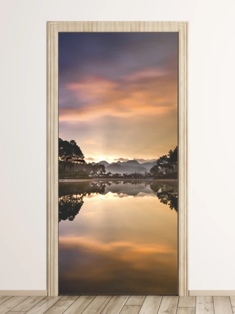 Landscape door mural FP 6222 - Living room arrangement with light-colored walls and wooden floor.