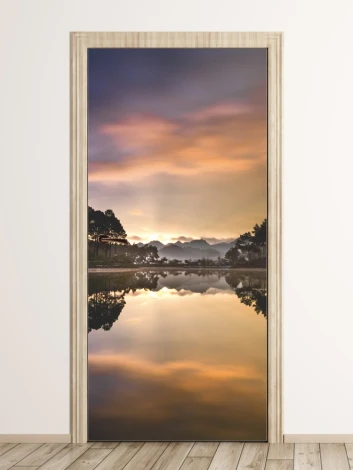 Landscape door mural FP 6222 - Living room arrangement with light-colored walls and wooden floor.