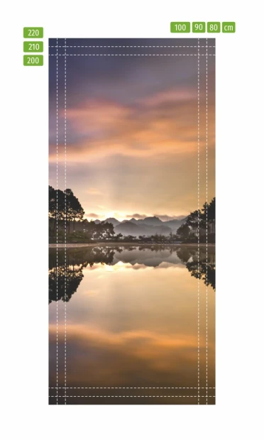 Landscape door mural FP 6222 - Graphic design featuring mountains, trees, and a reflection in water.