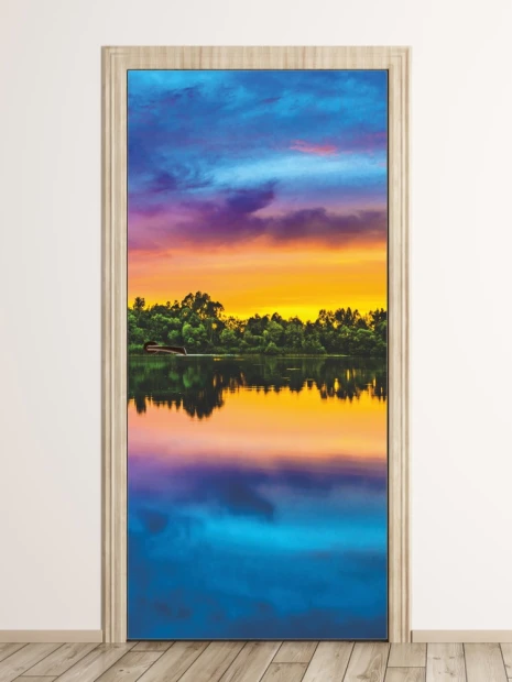 Door wallpaper FP 6227 - Graphic design featuring a landscape with water, trees, and a colorful sky.