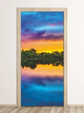 Door wallpaper FP 6227 - Graphic design featuring a landscape with water, trees, and a colorful sky.