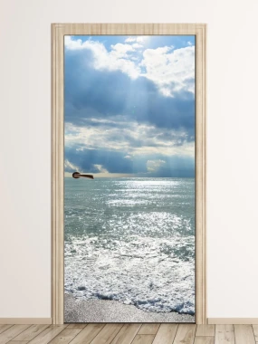 Ocean door wallpaper FP 6200 - Living room setup with light-colored walls and wooden flooring.