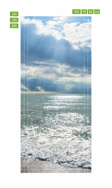 Ocean door wallpaper FP 6200 - Graphic design featuring waves, clouds, and sun rays over the sea.