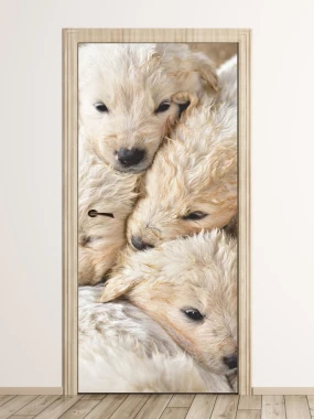 Puppy door wallpaper FP 6218 - Graphic design featuring three close-knit puppies with visible fur.