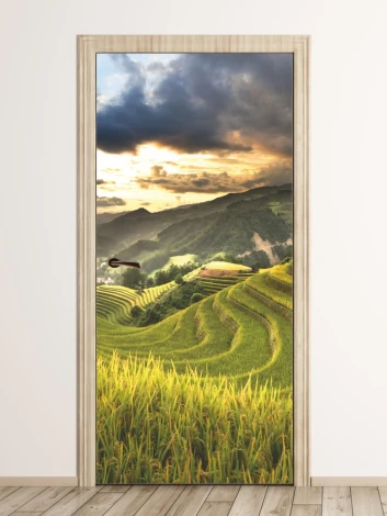 Vietnam Door Mural FP 6234 - Modern interior design featuring green rice fields under a bright sky.
