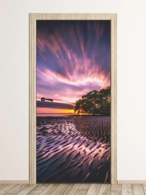 Sunset beach wallpaper for doors FP 6197 - Graphic design featuring clouds and trees at sunset.
