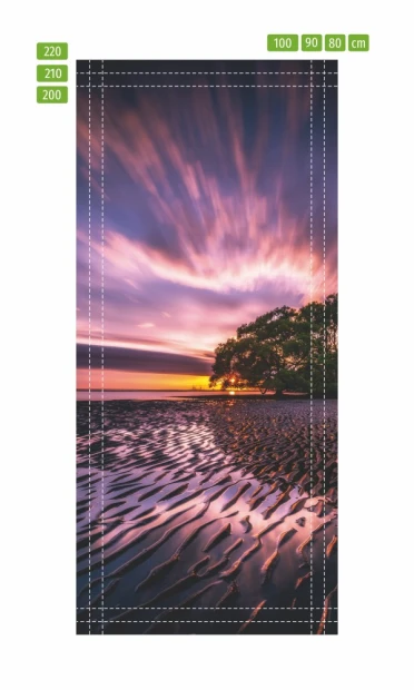 Sunset door mural FP 6197 - Graphic design with purple, pink, and orange clouds over water.