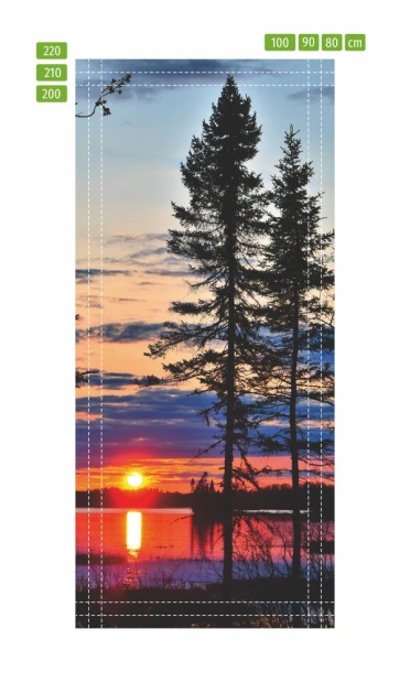 Sunset over a lake door mural FP 6201 - Graphic design featuring a sunset and silhouettes against the water.