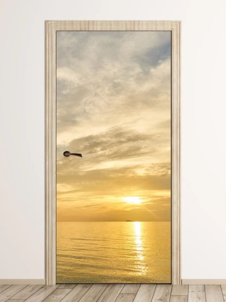 Sunset beach door mural FP 6198 - Bright room decor with neutral-colored walls.