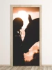 Door mural FP 6231 - Graphic design featuring a silhouette of a woman with a horse against a sunset backdrop.