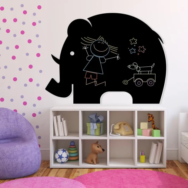 Magnetic chalkboard for kids, elephant design - ideal for bright children\'s room decor with colorful walls.