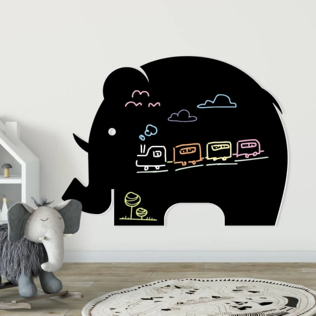 Magnetic chalkboard for kids featuring a colorful elephant design with wagons and clouds.