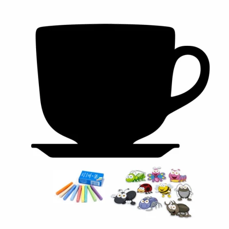 Magnetic chalkboard cup 047 - Graphic design. Black cup on a saucer with colorful crayons and drawings.
