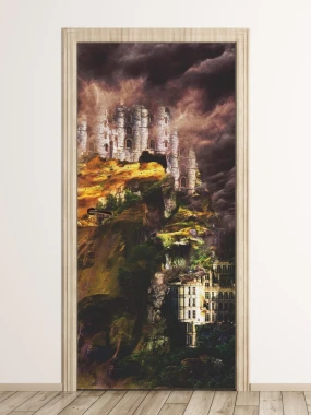 Abstract castle door mural FP 6241 - Graphic design featuring a castle on a hill surrounded by clouds and greenery.