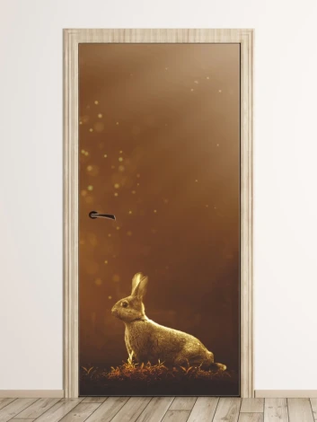 Fairy tale rabbit door mural FP 6247 - Graphic design with a rabbit against a backdrop of golden light and soft bubbles.