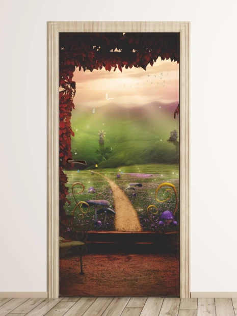 Fairy tale landscape door mural FP 6244 - Graphic design featuring a path among green hills and flowers.