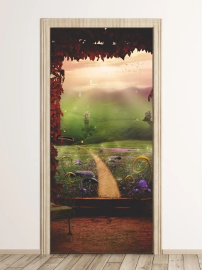 Fairy tale landscape door mural FP 6244 - Graphic design featuring a path among green hills and flowers.