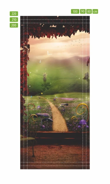 Fairy-tale landscape door mural FP 6244 - Graphic design featuring a path among green hills and flowers.