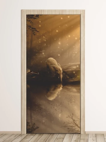 Fantasy elephant door mural FP 6248 - Graphic design. Elephant in the forest, reflection in water, warm brown tones.