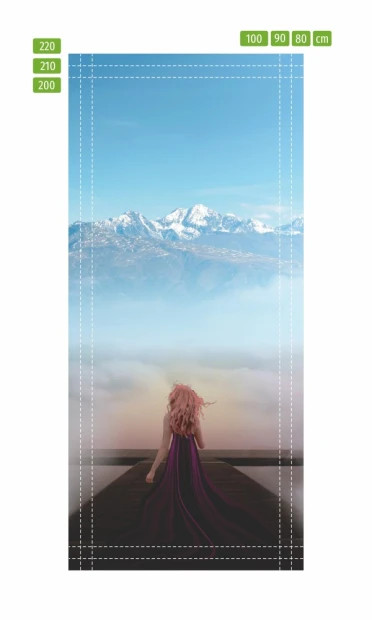 Fairy tale landscape door wallpaper for kids FP 6261 - Graphic design. Woman in a long dress stands on wood.