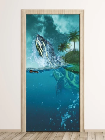 Kids\' door wallpaper featuring a whimsical turtle FP 6260 - Graphic design with a turtle jumping from water, surrounded by palms and bubbles.