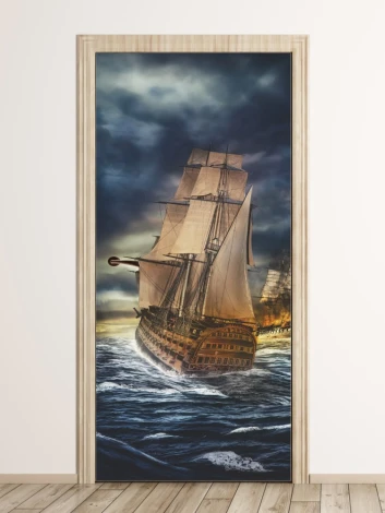Kids\' door wallpaper FP 6251 - Graphic design of a ship on a stormy sea in dark colors.