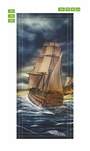 Kids\' door wallpaper FP 6251 - Graphic design featuring a sailing ship on a stormy sea with a turbulent sky.