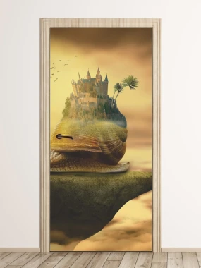 Kids\' door wallpaper snail FP 6262 - Graphic design featuring a snail with a shell, set against a sky and clouds background.