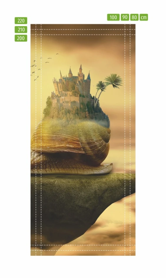 Kids\' door wallpaper snail FP 6262 - Graphic design featuring a snail with a shell castle and palm trees.