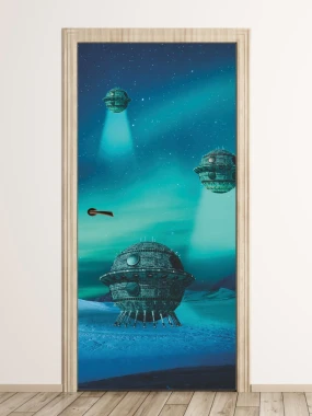 UFO landing door mural FP 6245 - Graphic design featuring three spaceships against a starry night sky with green elements.