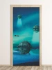 UFO landing door mural FP 6245 - Graphic design featuring three spaceships against a starry night sky with green elements.