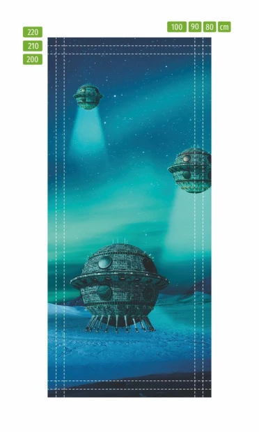 UFO landing door mural FP 6245 - Graphic design with three spaceships over a blue background with green accents.