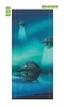 UFO landing door mural FP 6245 - Graphic design with three spaceships over a blue background with green accents.