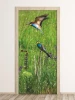 Birds Door Mural FP 6240 - Graphic design featuring two flying birds against a backdrop of green grass and flowers.