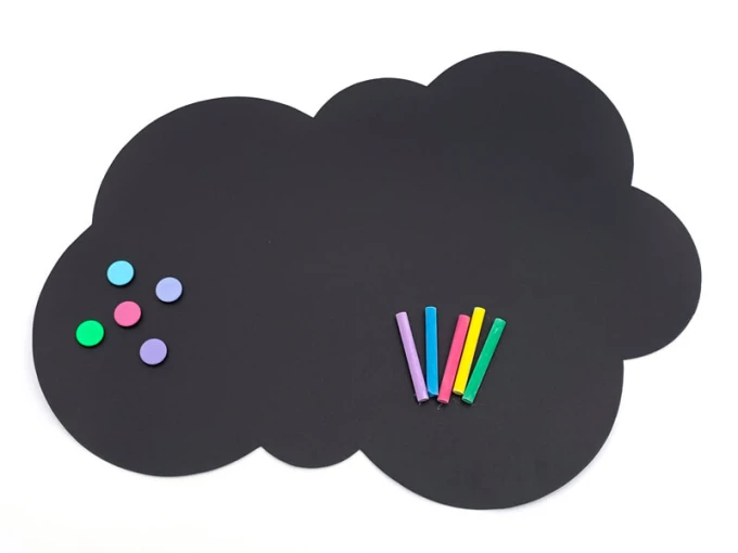 Chalkboard magnetic board for kids in cloud shape with colorful magnets and crayons.