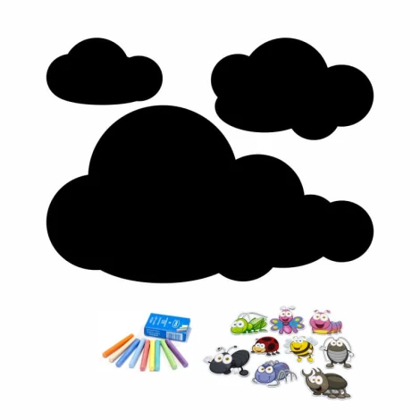Magnetic chalkboard for kids with cloud design and colorful drawings. Two cloud shapes included.