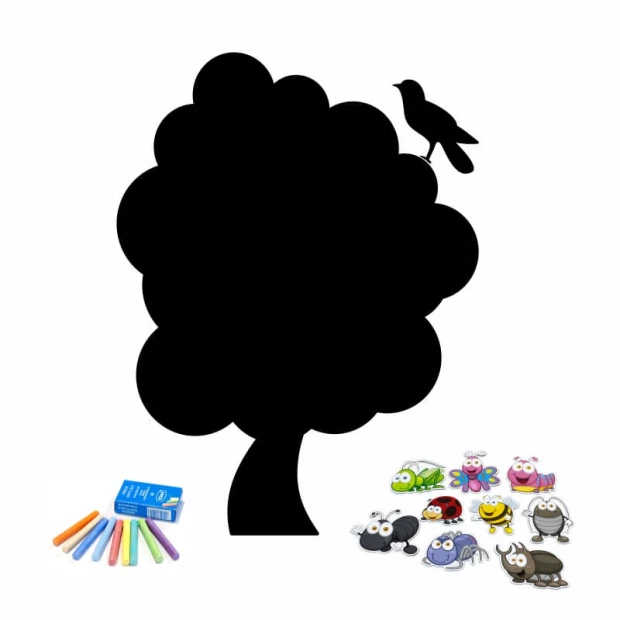 Magnetic chalkboard for kids featuring a black tree with a bird design.