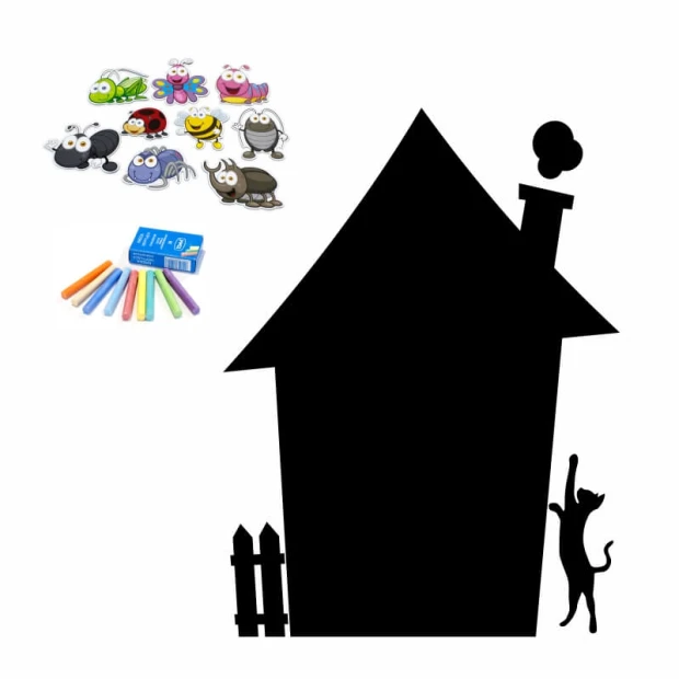 Magnetic chalkboard for kids featuring a house with smoke and colorful crayons on a black background.