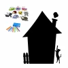 Magnetic chalkboard for kids featuring a house with smoke and colorful crayons on a black background.