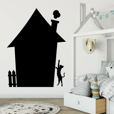Magnetic board for kids, chalkboard house design with a black outline, cat reaching for the chimney.