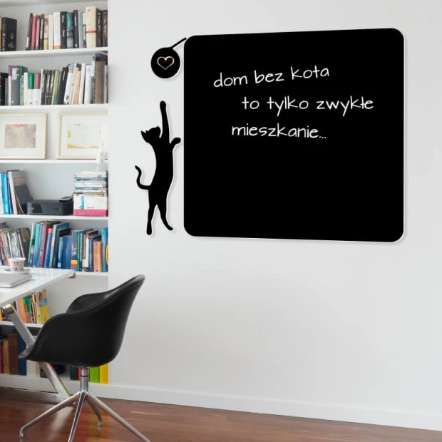 Magnetic chalkboard for kids, cat design 065 - Office setup with light-colored walls and a bookshelf in the background.